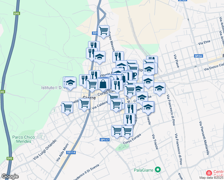 map of restaurants, bars, coffee shops, grocery stores, and more near 102 Corso Italia in Giarre