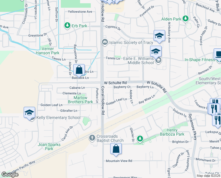 map of restaurants, bars, coffee shops, grocery stores, and more near 1942 Bayberry Court in Tracy