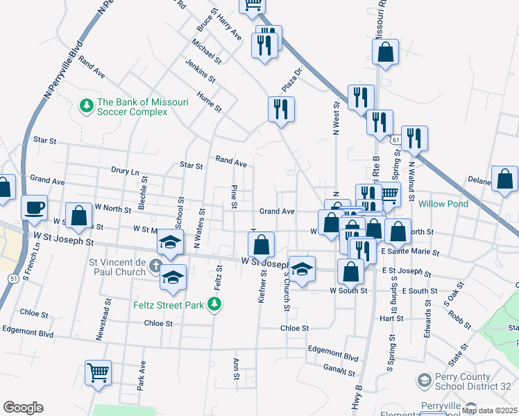map of restaurants, bars, coffee shops, grocery stores, and more near 422 Grand Avenue in Perryville
