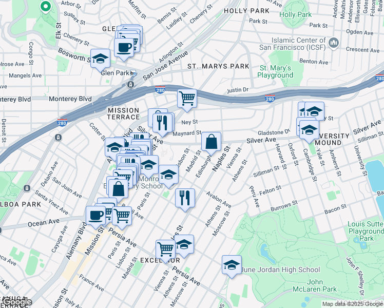 map of restaurants, bars, coffee shops, grocery stores, and more near 124 Peru Avenue in San Francisco