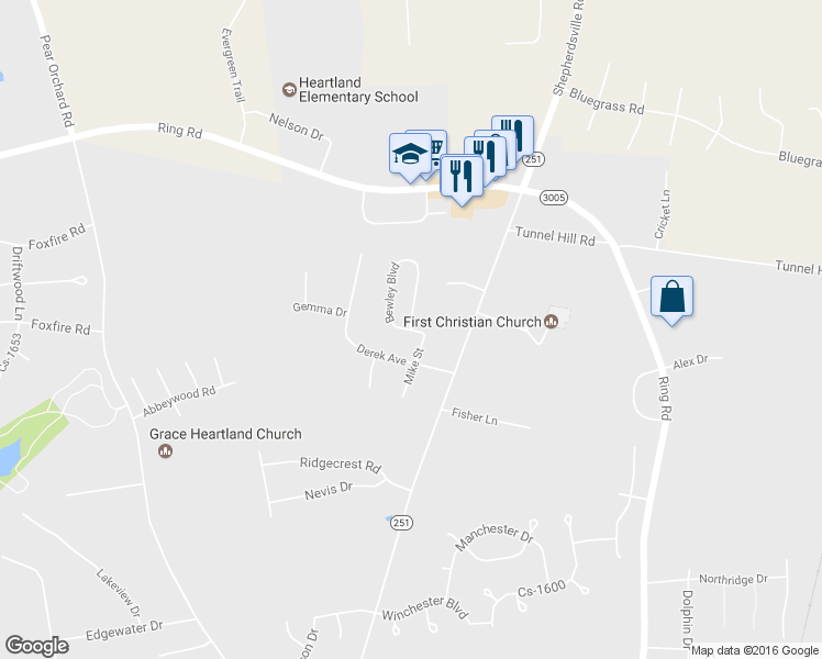 map of restaurants, bars, coffee shops, grocery stores, and more near 501 Bewley Boulevard in Elizabethtown