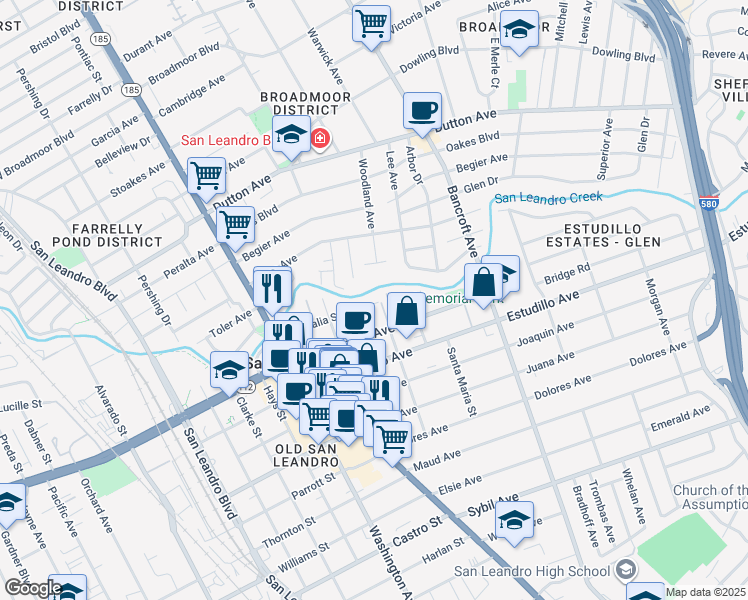 map of restaurants, bars, coffee shops, grocery stores, and more near 424 Callan Avenue in San Leandro