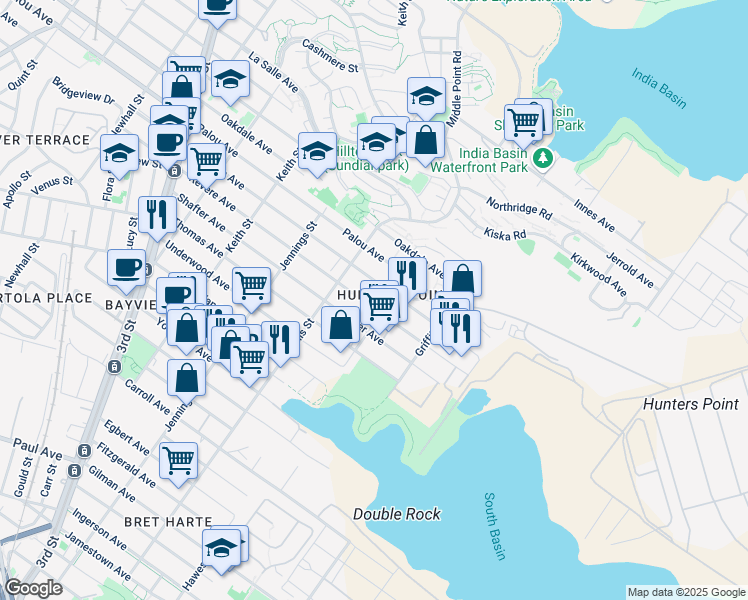 map of restaurants, bars, coffee shops, grocery stores, and more near 1242 Revere Avenue in San Francisco