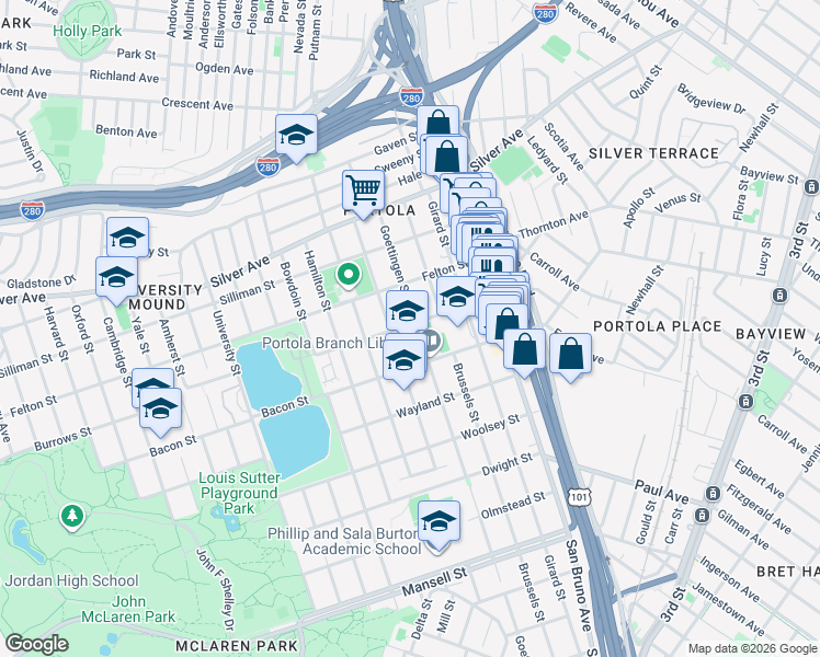 map of restaurants, bars, coffee shops, grocery stores, and more near 428 Burrows Street in San Francisco
