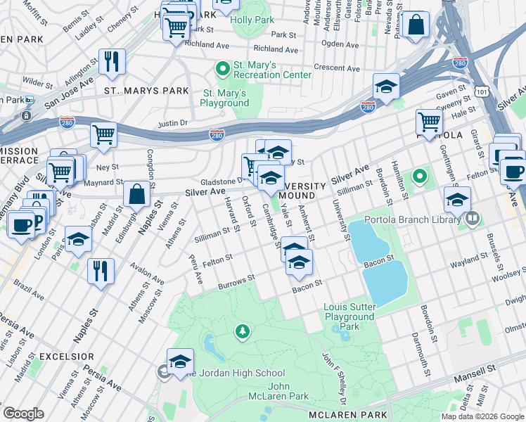 map of restaurants, bars, coffee shops, grocery stores, and more near 270 Cambridge Street in San Francisco