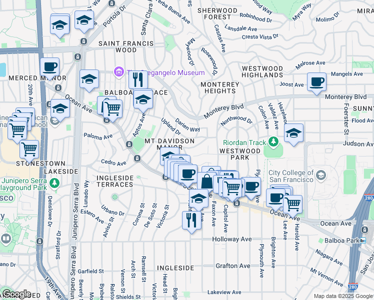 map of restaurants, bars, coffee shops, grocery stores, and more near 95 Keystone Way in San Francisco