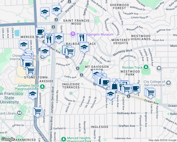map of restaurants, bars, coffee shops, grocery stores, and more near 57 Westgate Drive in San Francisco