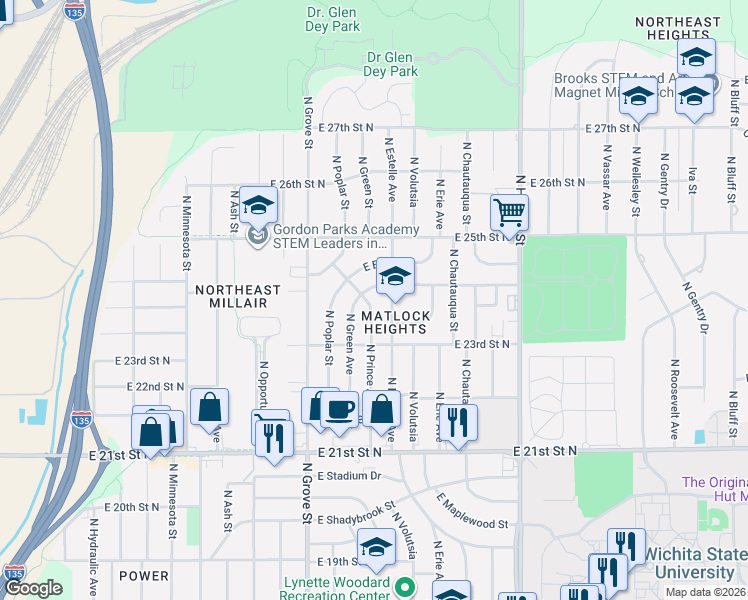 map of restaurants, bars, coffee shops, grocery stores, and more near 2455 North Estelle Street in Wichita