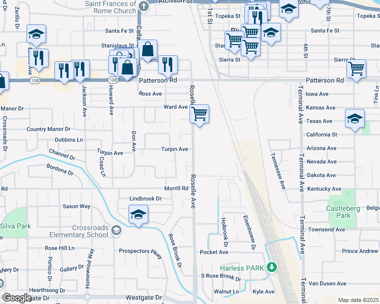 map of restaurants, bars, coffee shops, grocery stores, and more near 6125 Roselle Avenue in Riverbank