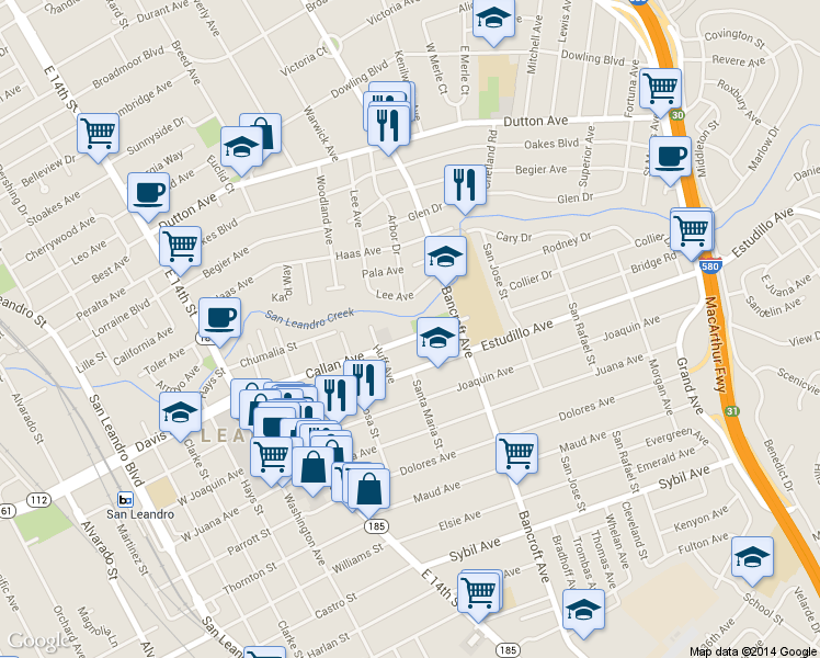 map of restaurants, bars, coffee shops, grocery stores, and more near 576 Callan Avenue in San Leandro
