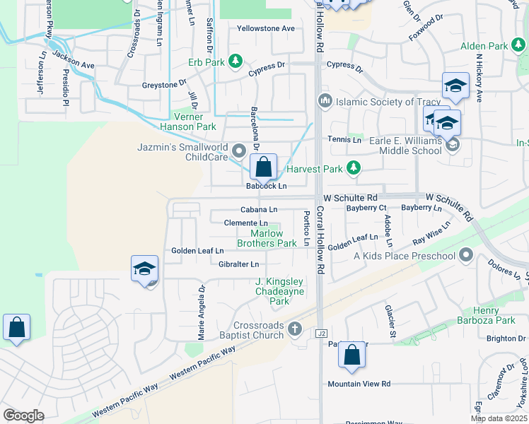 map of restaurants, bars, coffee shops, grocery stores, and more near 2202 Cabana Court in Tracy