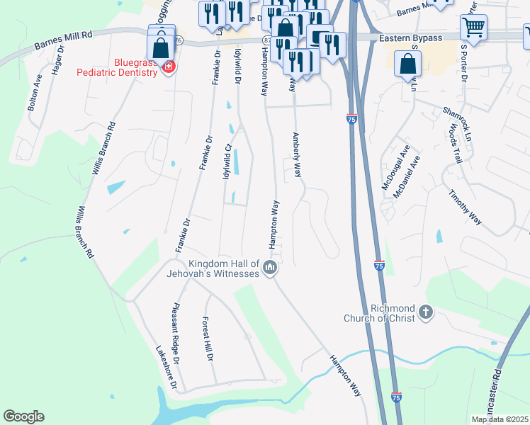 map of restaurants, bars, coffee shops, grocery stores, and more near 605 Hampton Way in Richmond