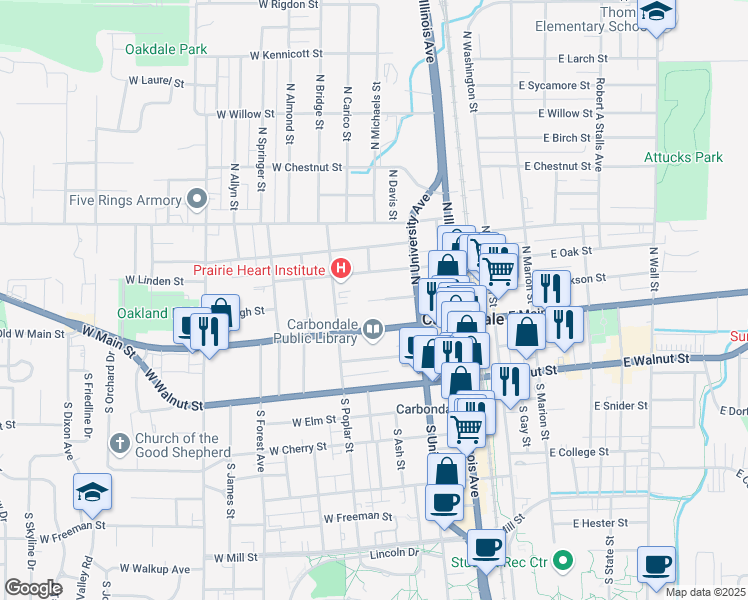 map of restaurants, bars, coffee shops, grocery stores, and more near 405 West Jackson Street in Carbondale