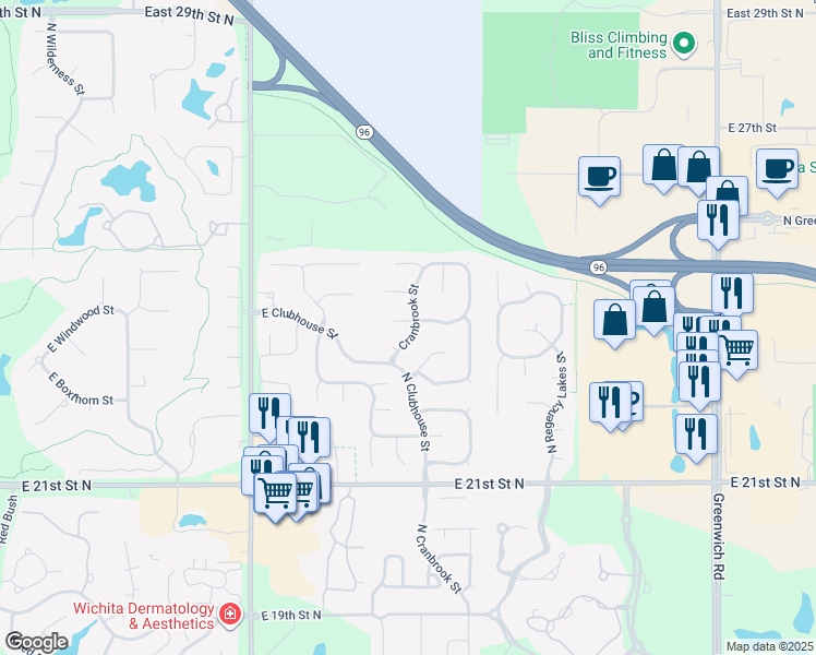 map of restaurants, bars, coffee shops, grocery stores, and more near 10115 East Mainsgate Circle in Wichita