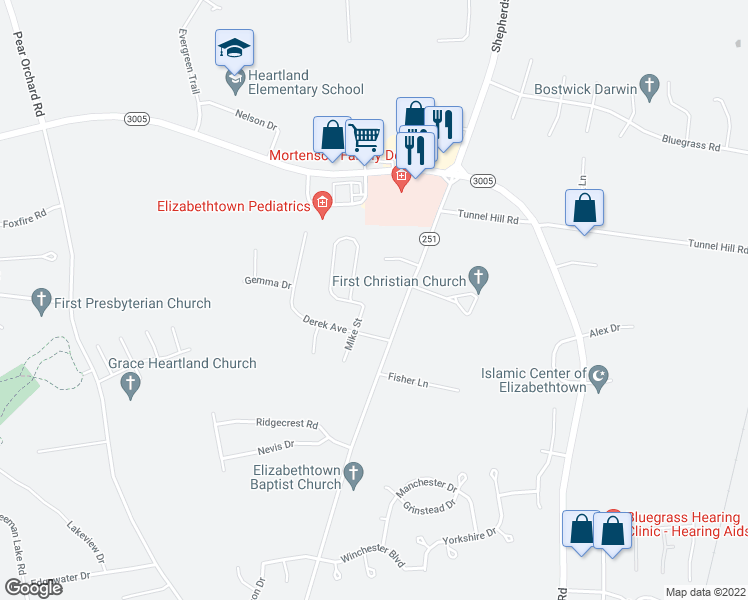 map of restaurants, bars, coffee shops, grocery stores, and more near 405 Mike Street in Elizabethtown