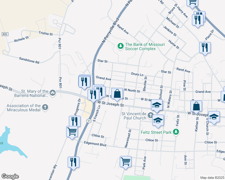 map of restaurants, bars, coffee shops, grocery stores, and more near 1237 West North Street in Perryville