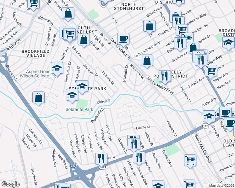 map of restaurants, bars, coffee shops, grocery stores, and more near 654 Catron Dr in Oakland