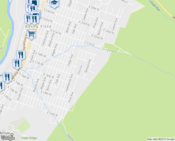 map of restaurants, bars, coffee shops, grocery stores, and more near 1145 East 18th Street in Buena Vista