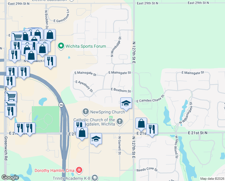 map of restaurants, bars, coffee shops, grocery stores, and more near 12505 East Boxthorn Street in Wichita