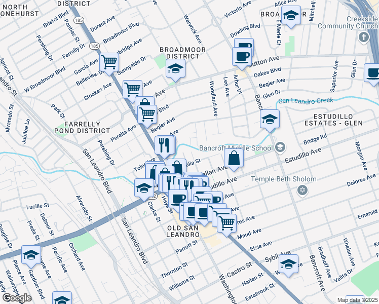 map of restaurants, bars, coffee shops, grocery stores, and more near 1051 Harrison Street in San Leandro