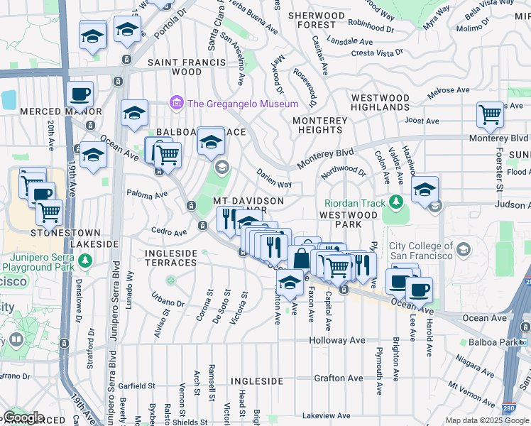 map of restaurants, bars, coffee shops, grocery stores, and more near 95 Keystone Way in San Francisco