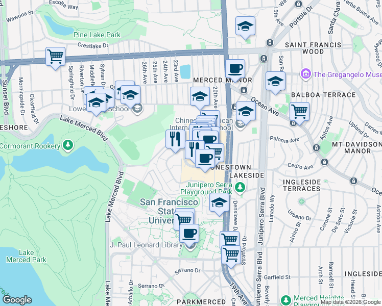 map of restaurants, bars, coffee shops, grocery stores, and more near 372 Winston Drive in San Francisco