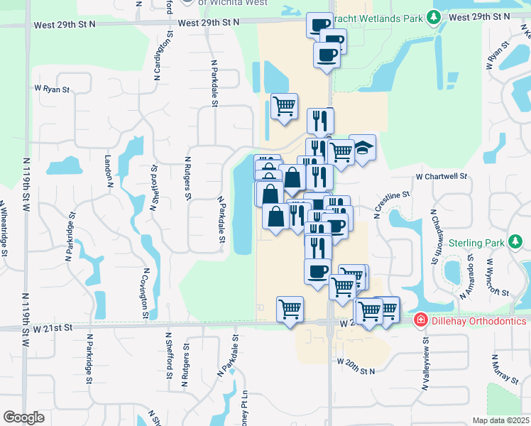 map of restaurants, bars, coffee shops, grocery stores, and more near 2441 North Maize Road in Wichita