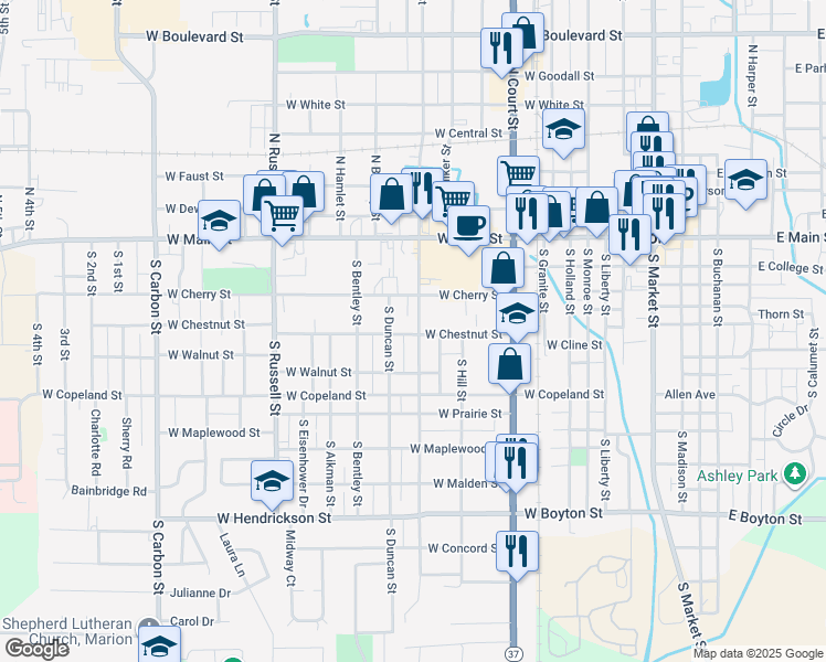 map of restaurants, bars, coffee shops, grocery stores, and more near 318 South Vicksburg Street in Marion