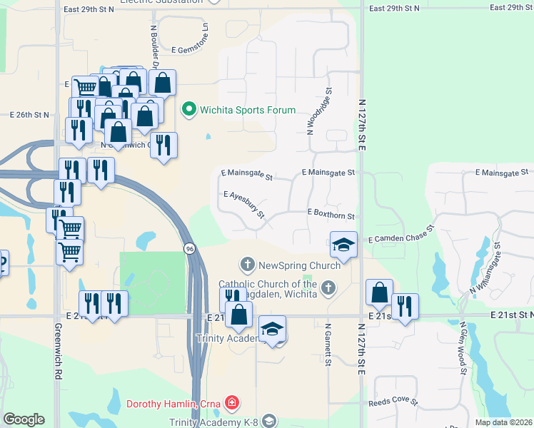 map of restaurants, bars, coffee shops, grocery stores, and more near 12250 East Ayesbury Street in Wichita