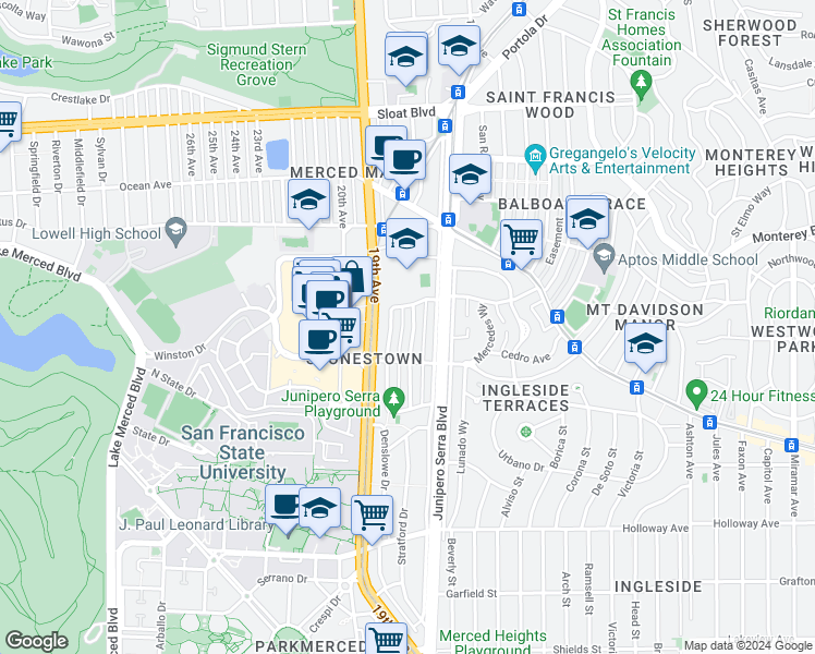 map of restaurants, bars, coffee shops, grocery stores, and more near 30 Broadmoor Drive in San Francisco