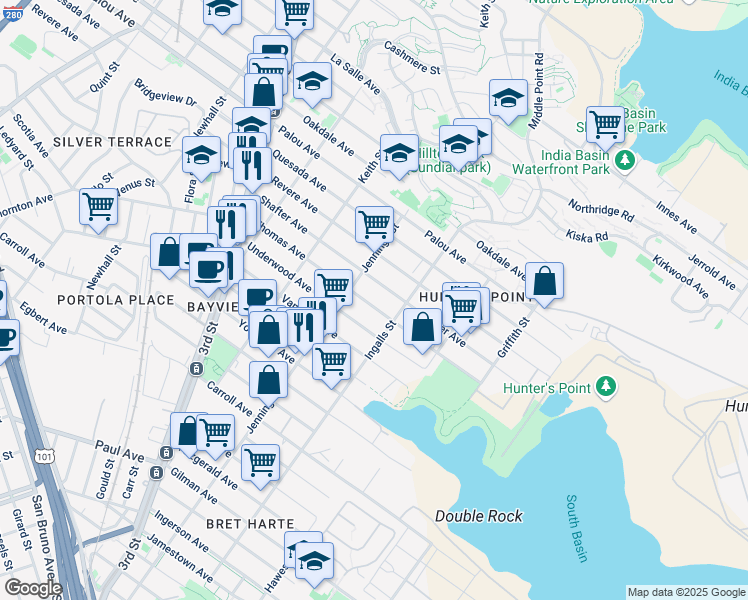 map of restaurants, bars, coffee shops, grocery stores, and more near 1350 Thomas Avenue in San Francisco