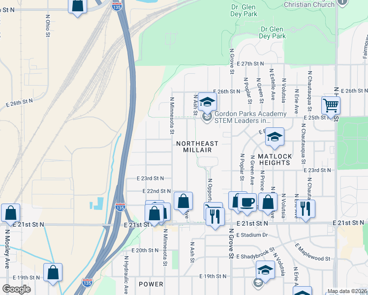 map of restaurants, bars, coffee shops, grocery stores, and more near 2469 North Piatt Street in Wichita