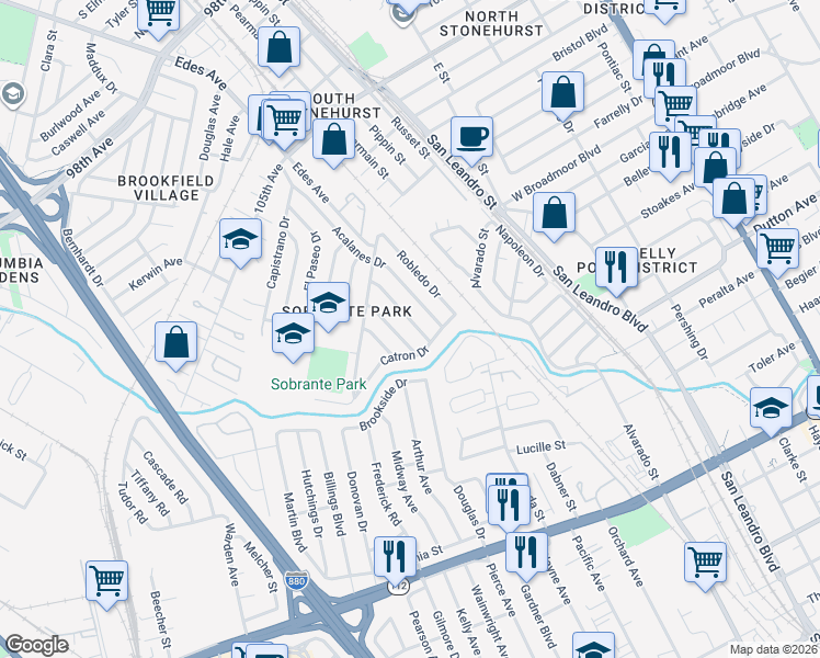 map of restaurants, bars, coffee shops, grocery stores, and more near 11103 Novelda Drive in Oakland