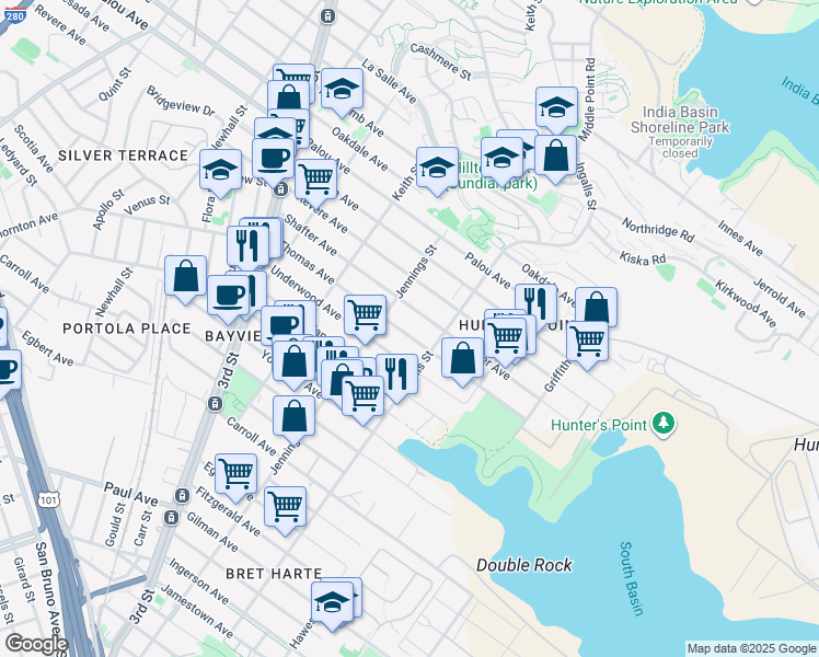 map of restaurants, bars, coffee shops, grocery stores, and more near 1350 Thomas Avenue in San Francisco