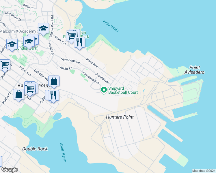 map of restaurants, bars, coffee shops, grocery stores, and more near 118 Dolphin Court in San Francisco