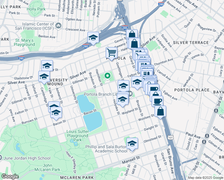 map of restaurants, bars, coffee shops, grocery stores, and more near 267 Holyoke Street in San Francisco