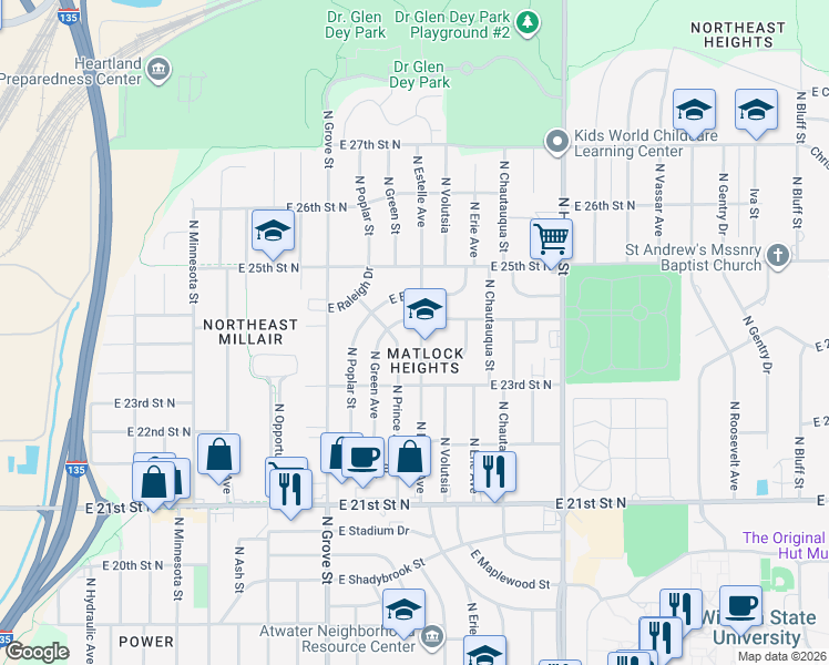 map of restaurants, bars, coffee shops, grocery stores, and more near 2455 North Estelle Street in Wichita