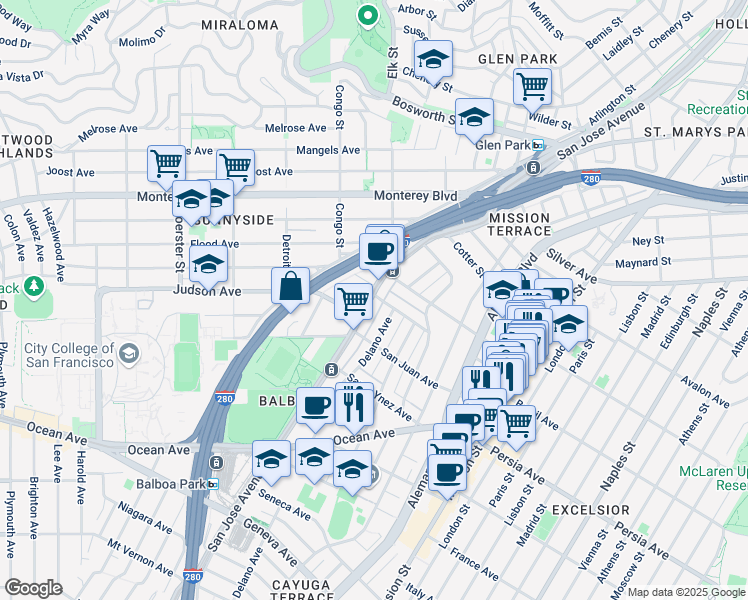 map of restaurants, bars, coffee shops, grocery stores, and more near 1837 San Jose Avenue in San Francisco