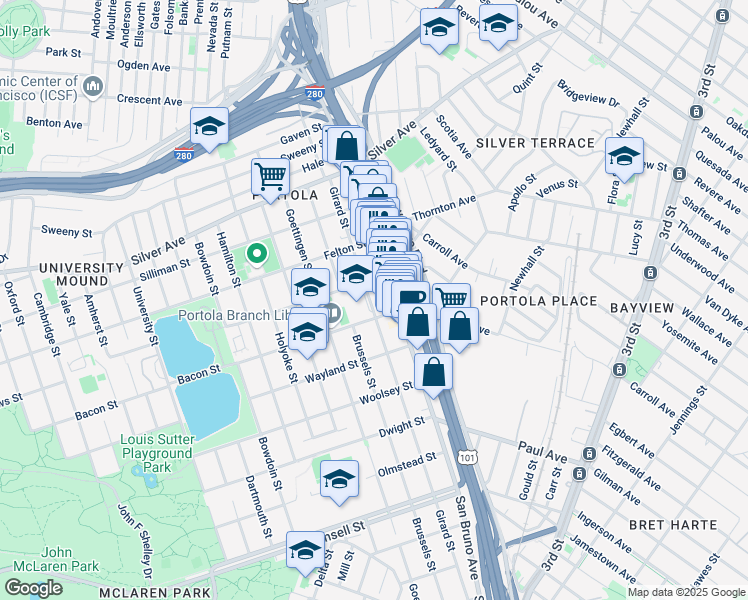 map of restaurants, bars, coffee shops, grocery stores, and more near 349 Girard Street in San Francisco