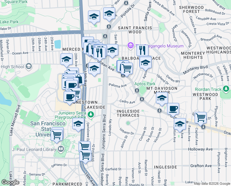 map of restaurants, bars, coffee shops, grocery stores, and more near 65 Mercedes Way in San Francisco