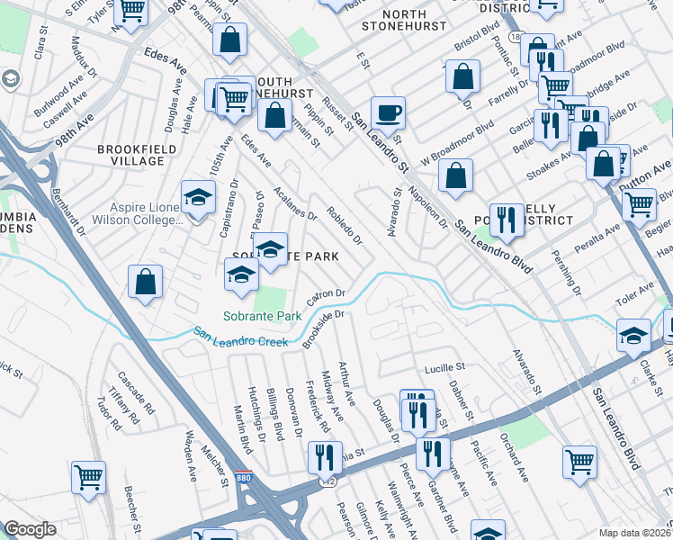 map of restaurants, bars, coffee shops, grocery stores, and more near 11103 Novelda Drive in Oakland