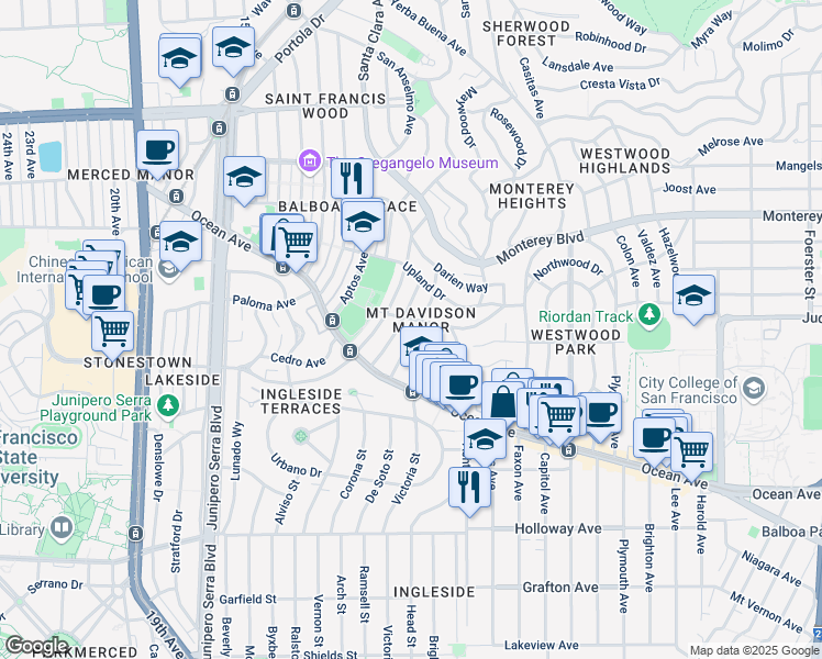 map of restaurants, bars, coffee shops, grocery stores, and more near 85 Manor Drive in San Francisco