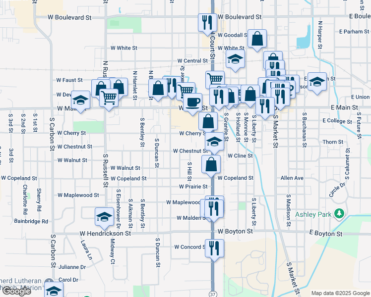 map of restaurants, bars, coffee shops, grocery stores, and more near 904 West Chestnut Street in Marion