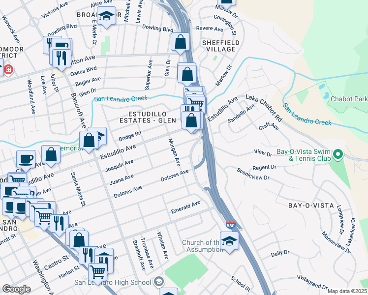 map of restaurants, bars, coffee shops, grocery stores, and more near 955 Joaquin Avenue in San Leandro