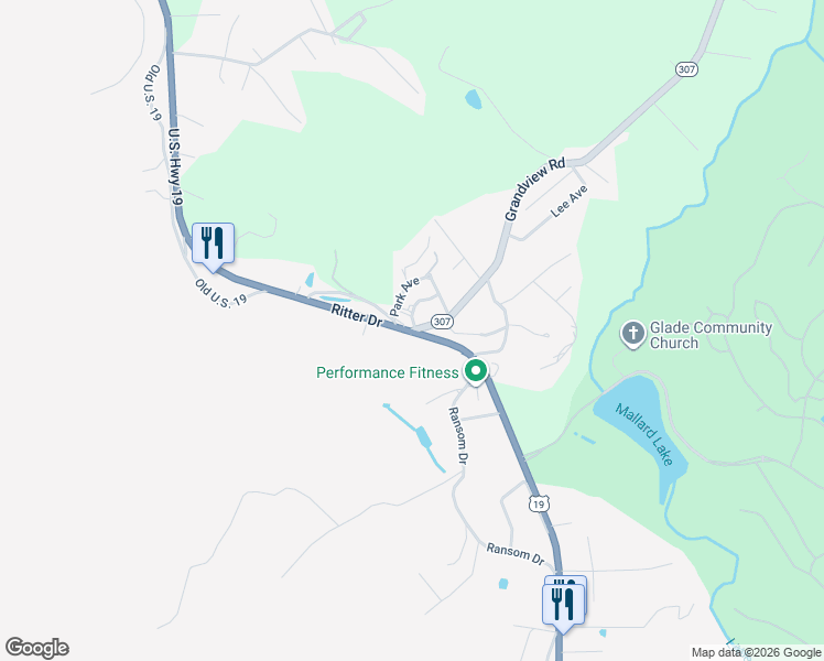 map of restaurants, bars, coffee shops, grocery stores, and more near West Virginia 307 in Daniels