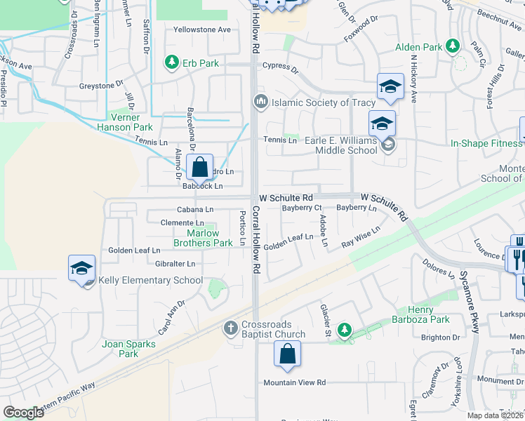 map of restaurants, bars, coffee shops, grocery stores, and more near 1942 Bayberry Court in Tracy