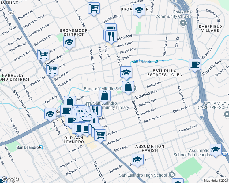 map of restaurants, bars, coffee shops, grocery stores, and more near 532 Callan Avenue in San Leandro
