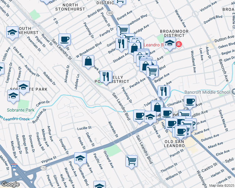 map of restaurants, bars, coffee shops, grocery stores, and more near 633 San Leandro Boulevard in San Leandro