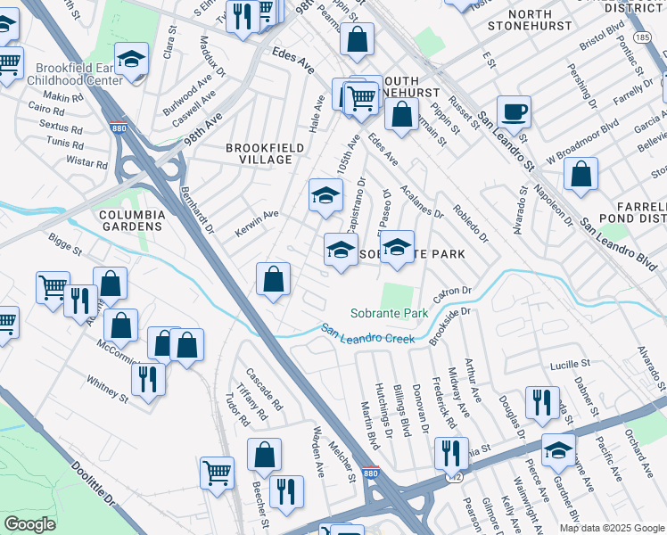 map of restaurants, bars, coffee shops, grocery stores, and more near 435 Capistrano Drive in Oakland