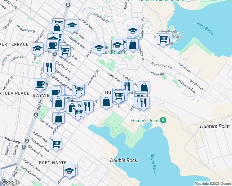 map of restaurants, bars, coffee shops, grocery stores, and more near 1242 Revere Avenue in San Francisco